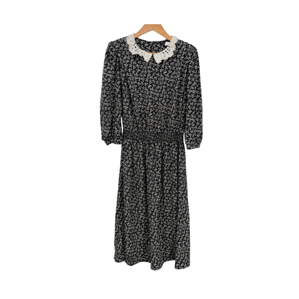Stuart Alan Midi Dress Black White Bow Print Lace Collar Vintage Coquette Sz 12